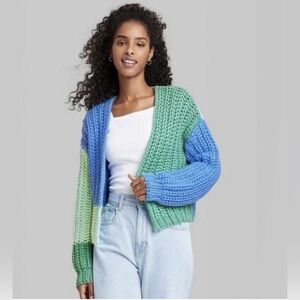WILD FABLE Colorblock Chunky Knit Cropped Cardigan Blue/Green/Mint Sz:Medium NWT